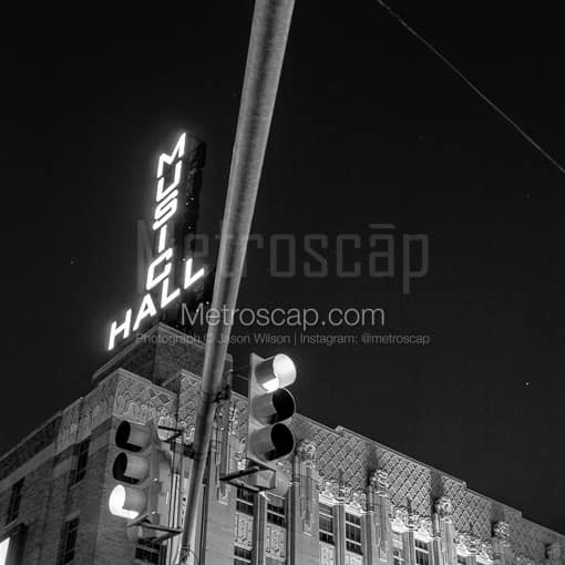 Matte Black MDF Framed Black and White Detroit Photograph: The Detroit Music Hall Sign in a Square Matte Black MDF Frame