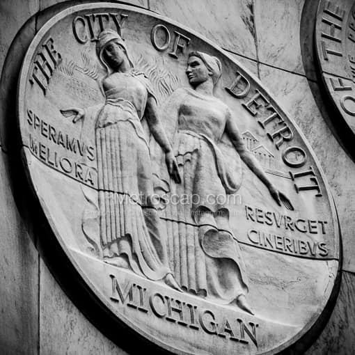 Matte Black MDF Framed Black and White Detroit Photograph: The Seal of the City of Detroit on the Spirit of Detroit Sculpture in a Square Matte Black MDF Frame