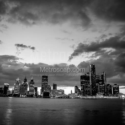 Matte Black MDF Framed Black and White Detroit Photograph: The Detroit Skyline with Amazing Clouds in a Square Matte Black MDF Frame