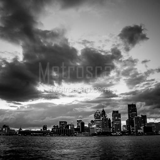 Matte Black MDF Framed Black and White Detroit Photograph: Detroit from Windsor Ontario in a Square Matte Black MDF Frame