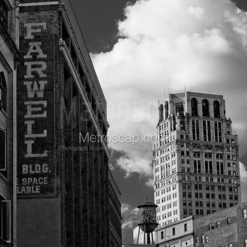 Matte Black MDF Framed Black and White Detroit Photograph: The Farwell Building and Broderick Tower in a Square Matte Black MDF Frame