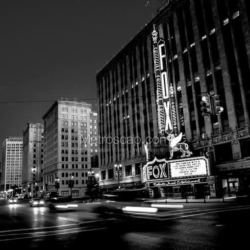 Matte Black MDF Framed Black and White Detroit Photograph: The Fox Theater on Woodward Avenue in a Square Matte Black MDF Frame