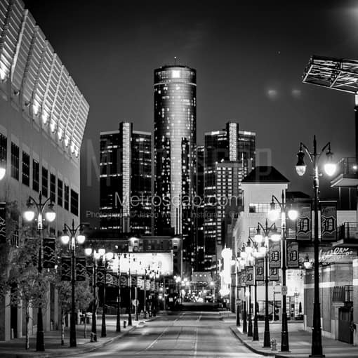Matte Black MDF Framed Black and White Detroit Photograph: The GM Renaissance Center from Brush Street in a Square Matte Black MDF Frame