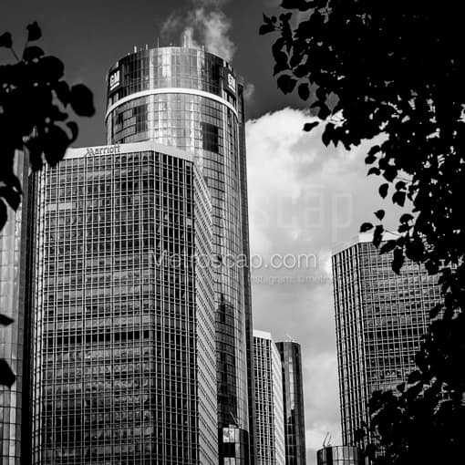 Matte Black MDF Framed Black and White Detroit Photograph: The GM Tower in a Square Matte Black MDF Frame