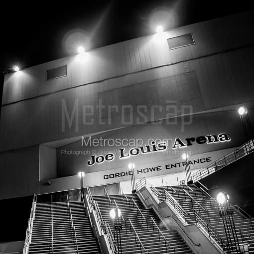 Matte Black MDF Framed Black and White Detroit Photograph: Gordie Howe Entrance of Joe Louis Arena in a Square Matte Black MDF Frame
