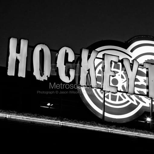 Matte Black MDF Framed Black and White Detroit Photograph: The Hockeytown Bar Sign in a Square Matte Black MDF Frame