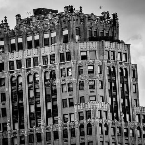 Matte Black MDF Framed Black and White Detroit Photograph: The Industrial Stevens Apartments in a Square Matte Black MDF Frame