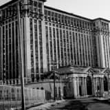 Michigan Central Train Station Black and White Square Michigan Central Train Station black and white