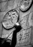 Scripture On Spirit Of Detroit Statue Black and White Vertical Scripture On Spirit Of Detroit Statue black and white