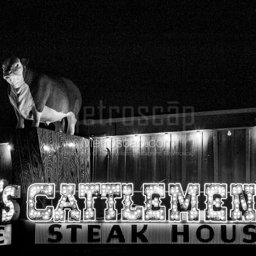 Matte Black MDF Framed Black and White Fort Worth Photograph: Cattlemens Steak House in a Square Matte Black MDF Frame