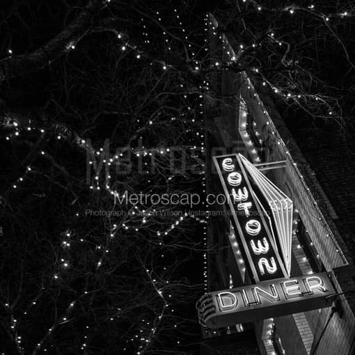 Matte Black MDF Framed Black and White Fort Worth Photograph: The Cowtown Diner in Downtown Fort Worth in a Square Matte Black MDF Frame
