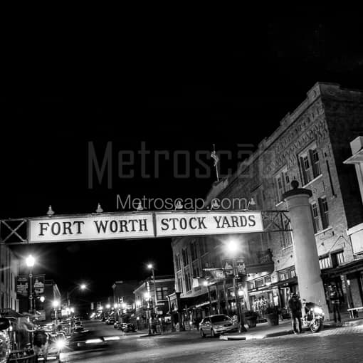 Matte Black MDF Framed Black and White Fort Worth Photograph: The Fort Worth Stock Yards in a Square Matte Black MDF Frame
