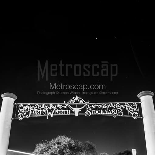 Matte Black MDF Framed Black and White Fort Worth Photograph: The Fort Worth Stockyards Entrance on Rodeo Plaza in a Square Matte Black MDF Frame