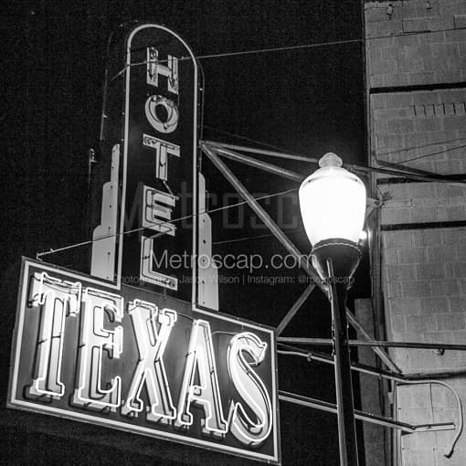 Matte Black MDF Framed Black and White Fort Worth Photograph: Hotel Texas in a Square Matte Black MDF Frame
