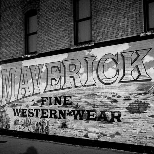 Matte Black MDF Framed Black and White Fort Worth Photograph: Maverick Fine Western Wear Mural in a Square Matte Black MDF Frame