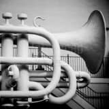 Big Trumpet At Old Galveston Square Black and White Square Big Trumpet At Old Galveston Square black and white