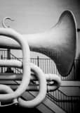 Big Trumpet At Old Galveston Square Black and White Vertical Big Trumpet At Old Galveston Square black and white