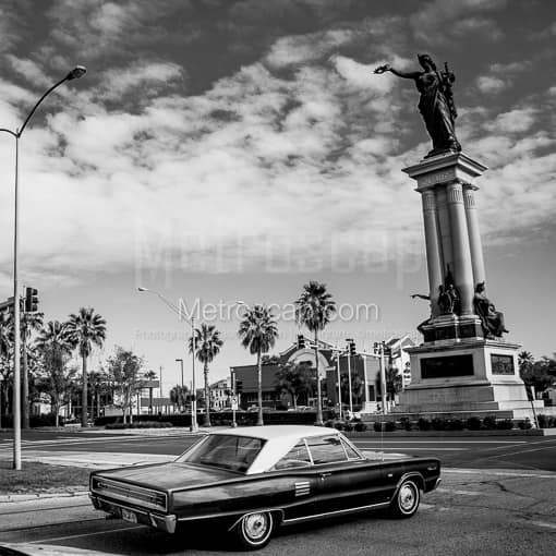 Matte Black MDF Framed Black and White Galveston Photograph: The Texas Revolution Monument in a Square Matte Black MDF Frame