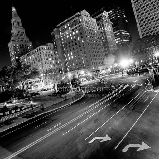 Matte Black MDF Framed Black and White Hartford Photograph: Downtown Hartford from American Row in a Square Matte Black MDF Frame
