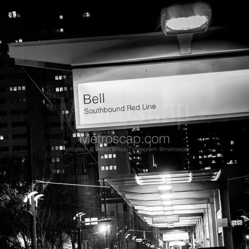 Matte Black MDF Framed Black and White Houston Photograph: Bell Station on the Southbound Red Line Metro in a Square Matte Black MDF Frame