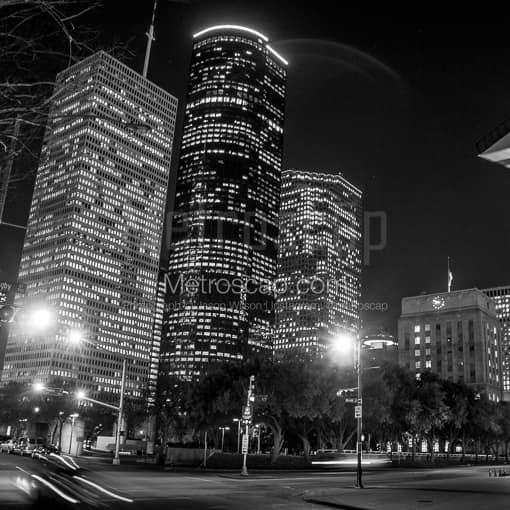 Matte Black MDF Framed Black and White Houston Photograph: Downtown Houston in a Square Matte Black MDF Frame