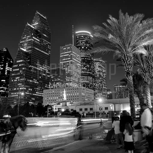 Matte Black MDF Framed Black and White Houston Photograph: Carriage Rides to See the Houston Skyline in a Square Matte Black MDF Frame