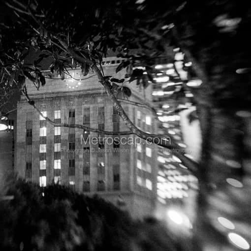 Matte Black MDF Framed Black and White Houston Photograph: Houston City Hall Clock in a Square Matte Black MDF Frame