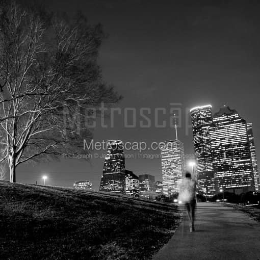 Matte Black MDF Framed Black and White Houston Photograph: The Houston Cityscape from Buffalo Bayou in a Square Matte Black MDF Frame
