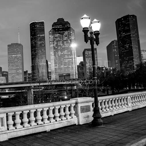 Matte Black MDF Framed Black and White Houston Photograph: The Houston Skyline on the Sabine Street Bridge in a Square Matte Black MDF Frame
