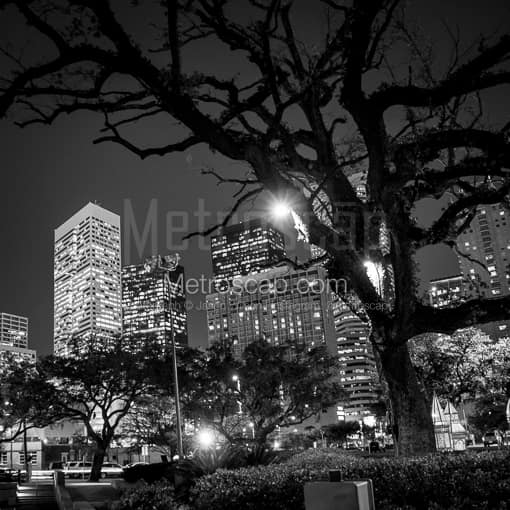 Matte Black MDF Framed Black and White Houston Photograph: The Houston Skyline from Root Square in a Square Matte Black MDF Frame