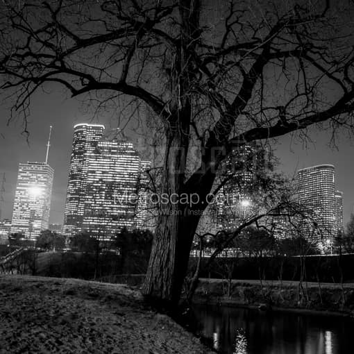Matte Black MDF Framed Black and White Houston Photograph: The Houston Skyline in Buffalo Bayou in a Square Matte Black MDF Frame