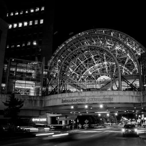 Matte Black MDF Framed Black and White Indianapolis Photograph: The Indianapolis Artsgarden over Washington Boulevard in a Square Matte Black MDF Frame