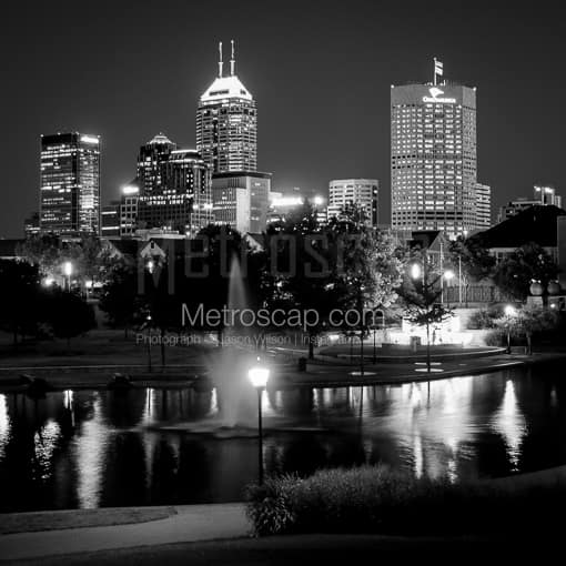 Matte Black MDF Framed Black and White Indianapolis Photograph: The Indianapolis Skyline from Canal Walk in a Square Matte Black MDF Frame