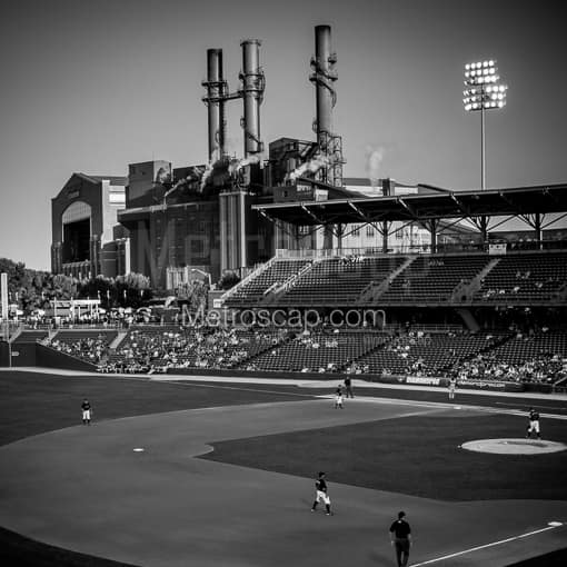Matte Black MDF Framed Black and White Indianapolis Photograph: Victory Field and Citizens Thermal Power Plant in a Square Matte Black MDF Frame