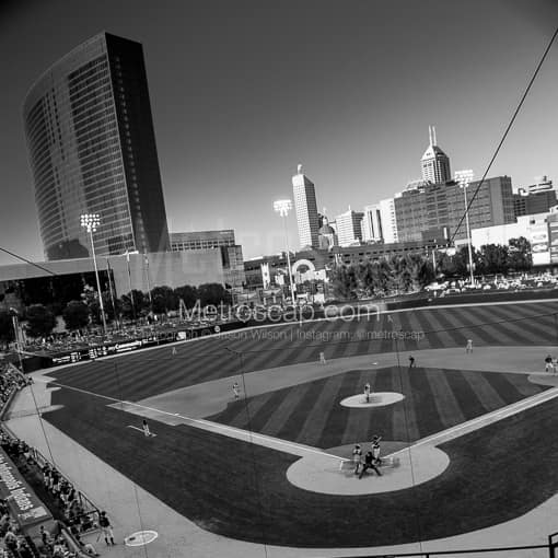 Matte Black MDF Framed Black and White Indianapolis Photograph: Victory Field and Indy Skyline in a Square Matte Black MDF Frame