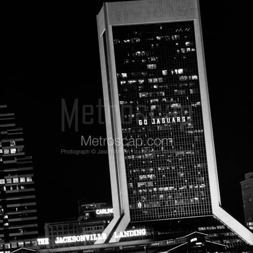 Matte Black MDF Framed Black and White Jacksonville Photograph: Go Jaguars in the Windows of the Independent Square Building in a Square Matte Black MDF Frame