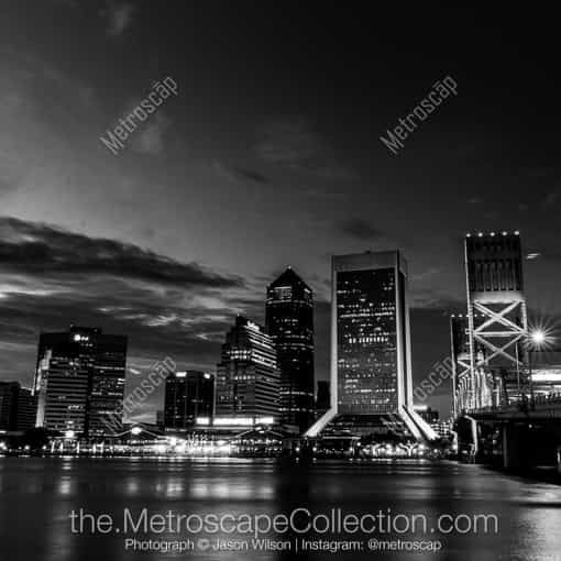 Matte Black MDF Framed Black and White Jacksonville Photograph: The Jacksonville Skyline at Night in a Square Matte Black MDF Frame