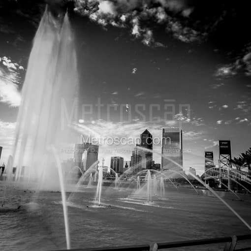 Matte Black MDF Framed Black and White Jacksonville Photograph: The Jacksonville Skyline and Friendship Fountain in a Square Matte Black MDF Frame