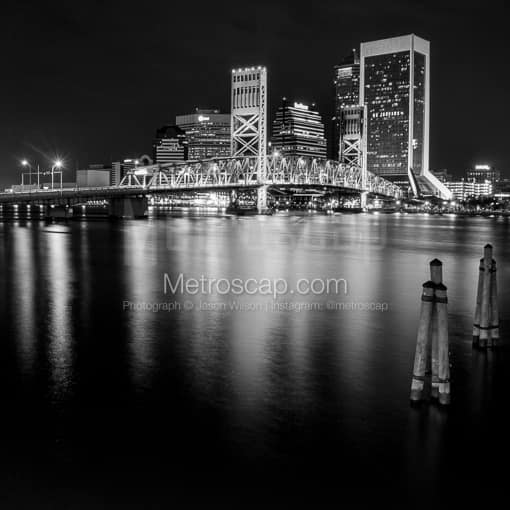 Matte Black MDF Framed Black and White Jacksonville Photograph: The Jacksonville Skyline on the St Johns River Banks in a Square Matte Black MDF Frame