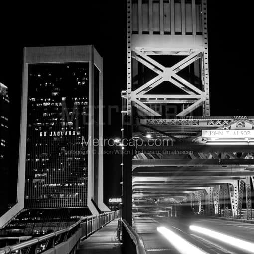 Matte Black MDF Framed Black and White Jacksonville Photograph: The Main Street Bridge and Modis Building in a Square Matte Black MDF Frame