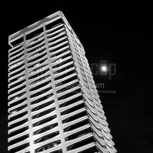 Matte Black MDF Framed Black and White Jacksonville Photograph: The Riverplace Building and Full Moon in a Square Matte Black MDF Frame
