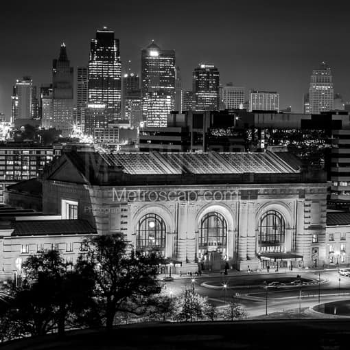 Matte Black MDF Framed Black and White Kansas City Photograph: The Kansas City Skyline at Night in a Square Matte Black MDF Frame