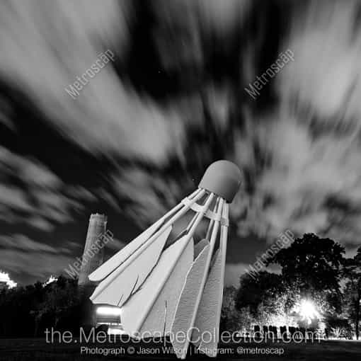 Matte Black MDF Framed Black and White Kansas City Photograph: A Giant Shuttlecock at the Nelson-Adkins Museum of Art in a Square Matte Black MDF Frame