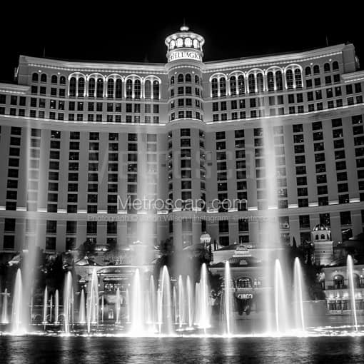 Matte Black MDF Framed Black and White Las Vegas Photograph: The Bellagio Fountains in a Square Matte Black MDF Frame