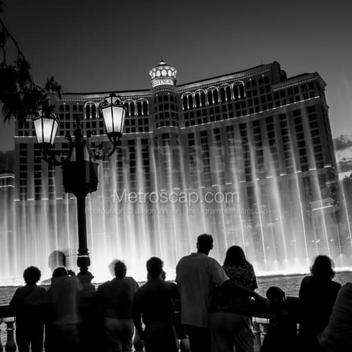 Matte Black MDF Framed Black and White Las Vegas Photograph: The Bellagio Fountains Performance of the song Hoedown in a Square Matte Black MDF Frame