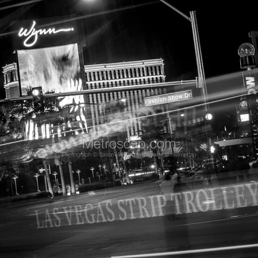 Matte Black MDF Framed Black and White Las Vegas Photograph: A Las Vegas Strip Trolly on Fashion Show Drive in a Square Matte Black MDF Frame