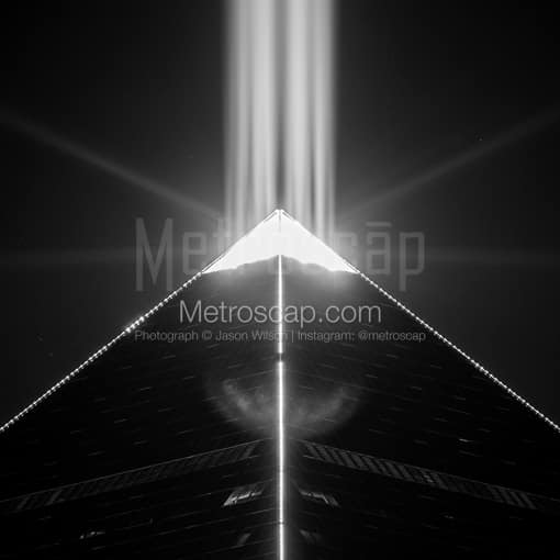 Matte Black MDF Framed Black and White Las Vegas Photograph: The Beam of Light Shooting Out of the Top of the Luxor Hotel and Casino in a Square Matte Black MDF Frame