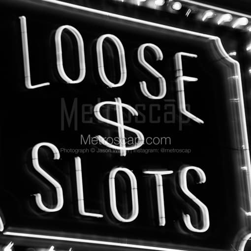 Matte Black MDF Framed Black and White Las Vegas Photograph: Loose Slots Neon Sign Outside of 4 Queens Casino in a Square Matte Black MDF Frame