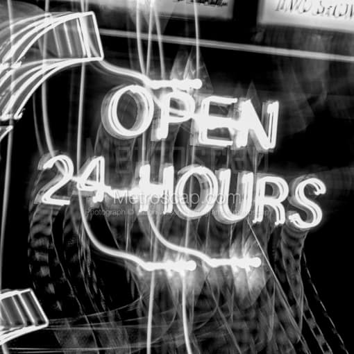 Matte Black MDF Framed Black and White Las Vegas Photograph: Open 24 Hours Neon Sign in a Square Matte Black MDF Frame