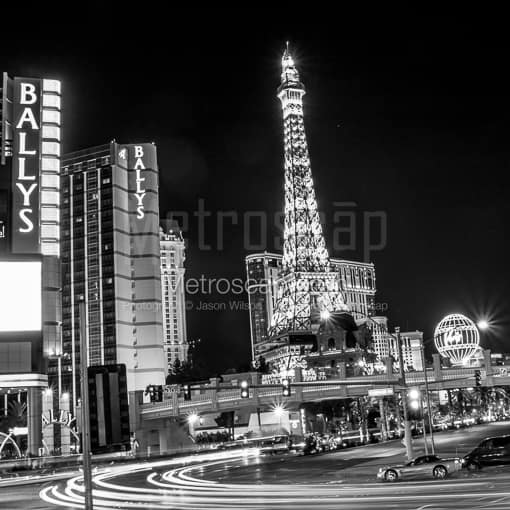 Matte Black MDF Framed Black and White Las Vegas Photograph: Paris Hotel and Casino and Ballys Casino from Flamingo Road in a Square Matte Black MDF Frame